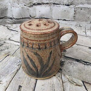 JWL 1982 Pottery Salt Shaker Tan Stone Side Cork Stopper Signed Rustic Boho